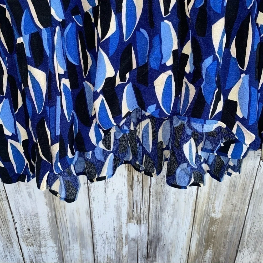 Zara Blue Geometric Print Ruffle Mini Dress Belted V Neck Long Sleeve XS - Picture 4 of 10